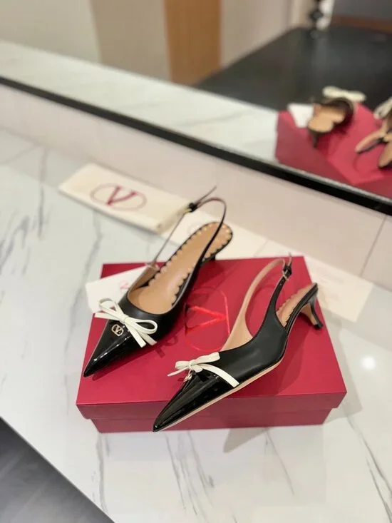 Valentino Garavani Patent Cap-Toe Leather Kitten Slingback Pumps - Picture 3 of 9